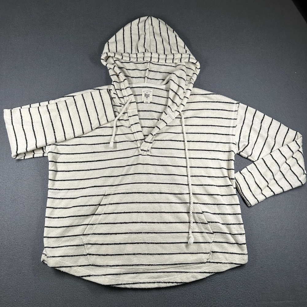 Billabong Hoodie Womens Large Cream Black Stripe Knit Pullover Kangaroo Pocket